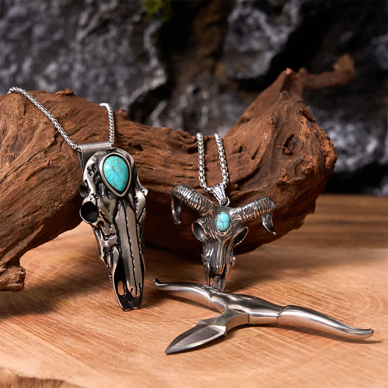 Longhorn Bull Pendant Turquoise Ram Horn Head Necklace Bundle Set