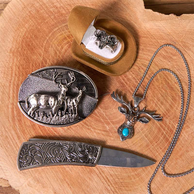 Deer Flag DIY Hidden Knife Belt Buckle With Ghost Goat Ring Bundle Set