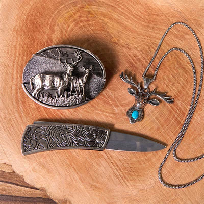 Deer Flag DIY Hidden Knife Belt Buckle With Ghost Goat Ring Bundle Set
