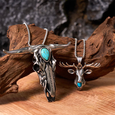Longhorn Bull Pendant Turquoise Elk Head Necklace Bundle Set