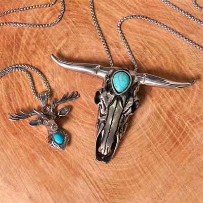 Longhorn Bull Pendant Turquoise Elk Head Necklace Bundle Set