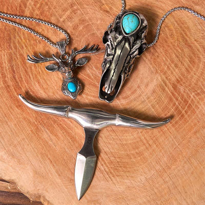 Longhorn Bull Pendant Turquoise Elk Head Necklace Bundle Set