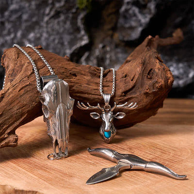 Longhorn Bull Pendant Turquoise Elk Head Necklace Bundle Set