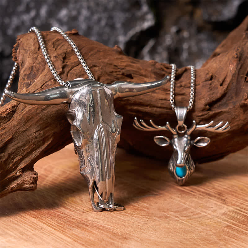 Longhorn Bull Pendant Turquoise Elk Head Necklace Bundle Set