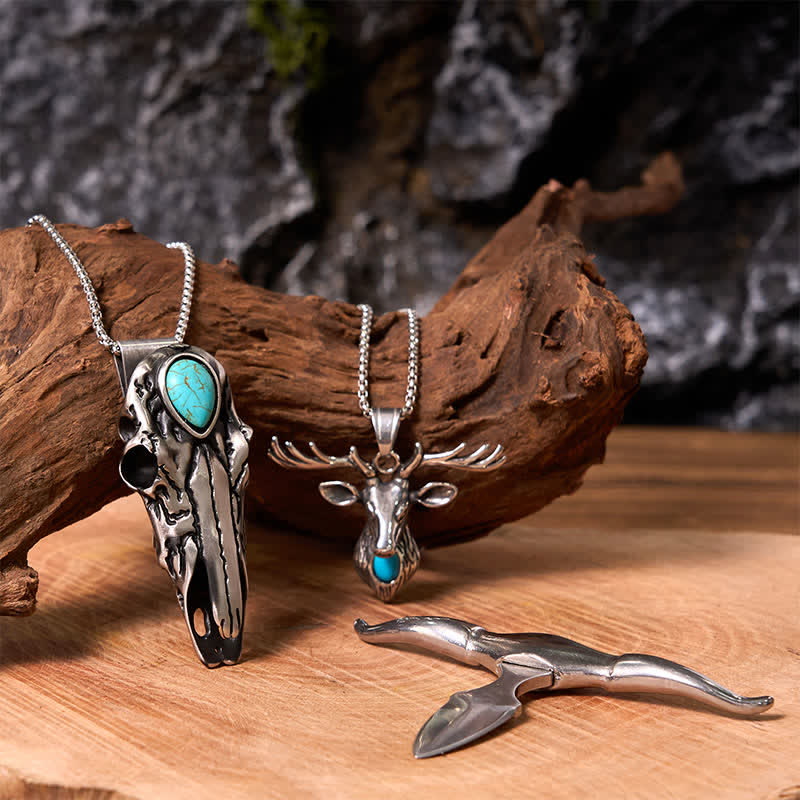 Longhorn Bull Pendant Turquoise Elk Head Necklace Bundle Set