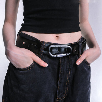 Unique Climbing Button Buckle Black Leather Belt