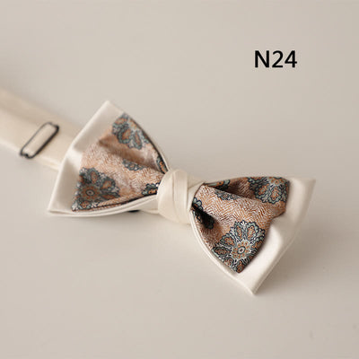 Beige Pattern Two-Layer Satin Adjustable Strap Bow Tie