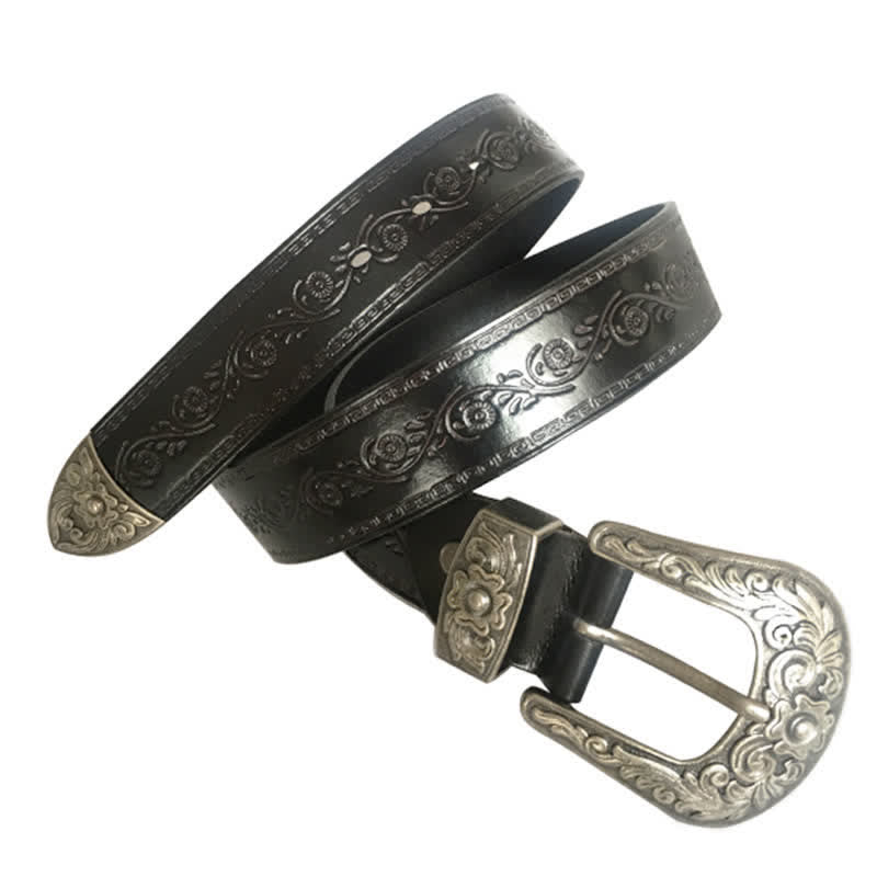 Rose Floral Carved Extra Long Plus Size Leather Belt