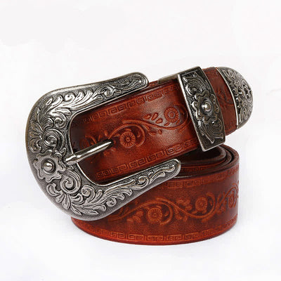 Rose Floral Carved Extra Long Plus Size Leather Belt