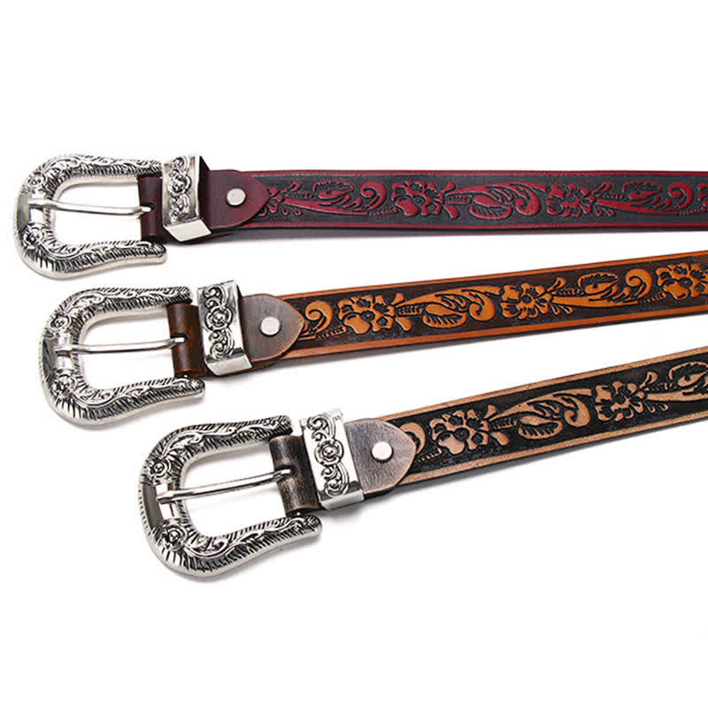 Rose Floral Carved Extra Long Plus Size Leather Belt