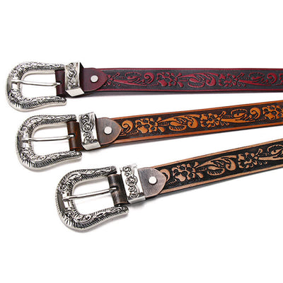 Rose Floral Carved Extra Long Plus Size Leather Belt