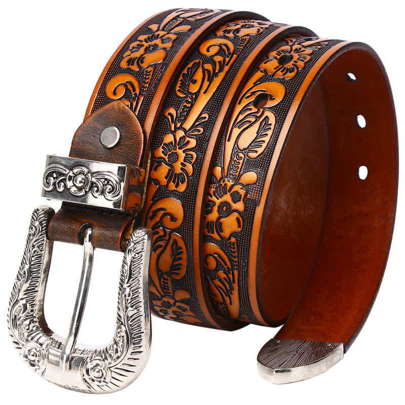 Rose Floral Carved Extra Long Plus Size Leather Belt