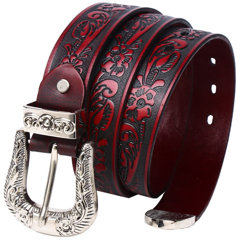 Rose Floral Carved Extra Long Plus Size Leather Belt