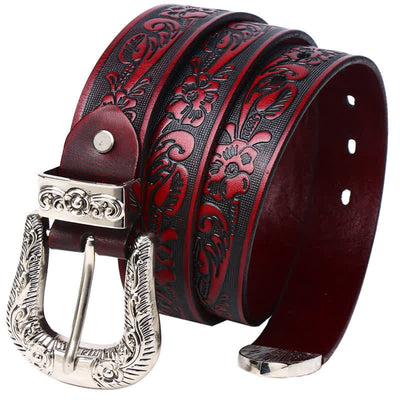Rose Floral Carved Extra Long Plus Size Leather Belt