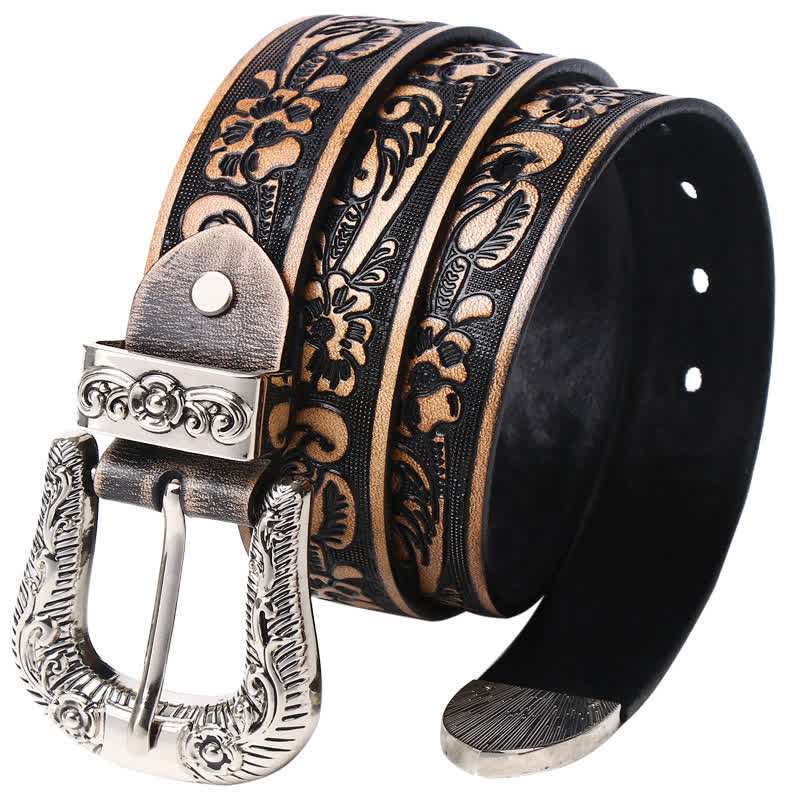 Rose Floral Carved Extra Long Plus Size Leather Belt