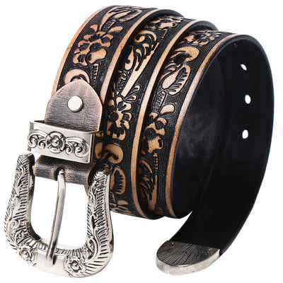 Rose Floral Carved Extra Long Plus Size Leather Belt