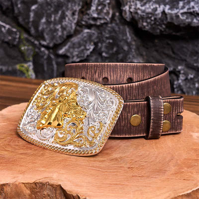 Gold & Silver Horse Head DIY Large Buckle Leather Belt