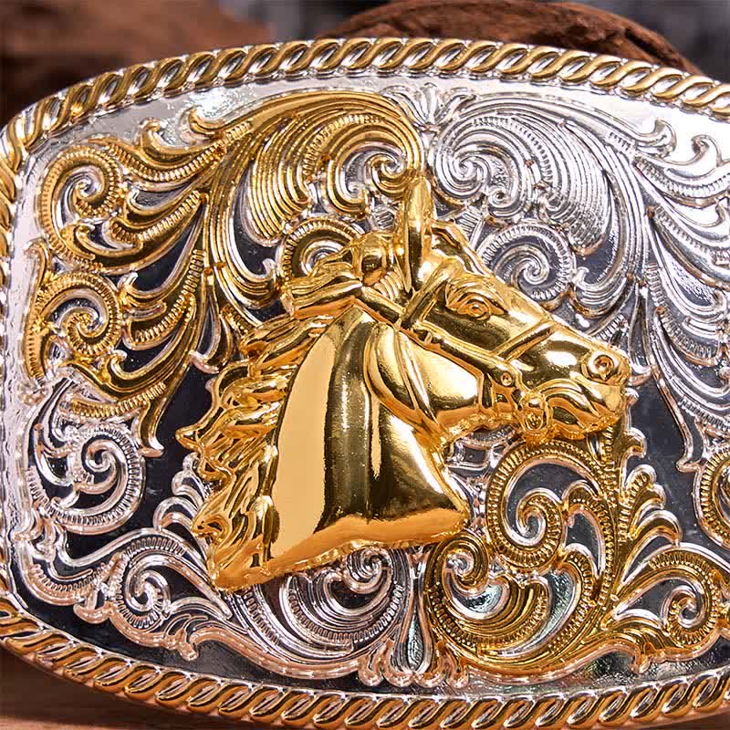 Gold & Silver Horse Head DIY Large Buckle Leather Belt