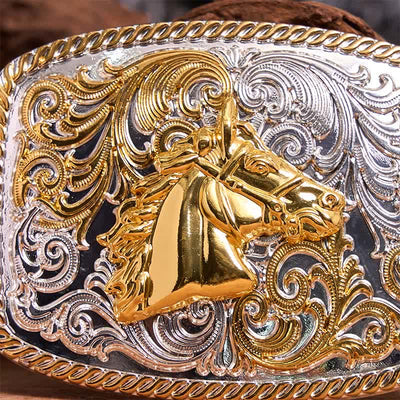 Gold & Silver Horse Head DIY Large Buckle Leather Belt