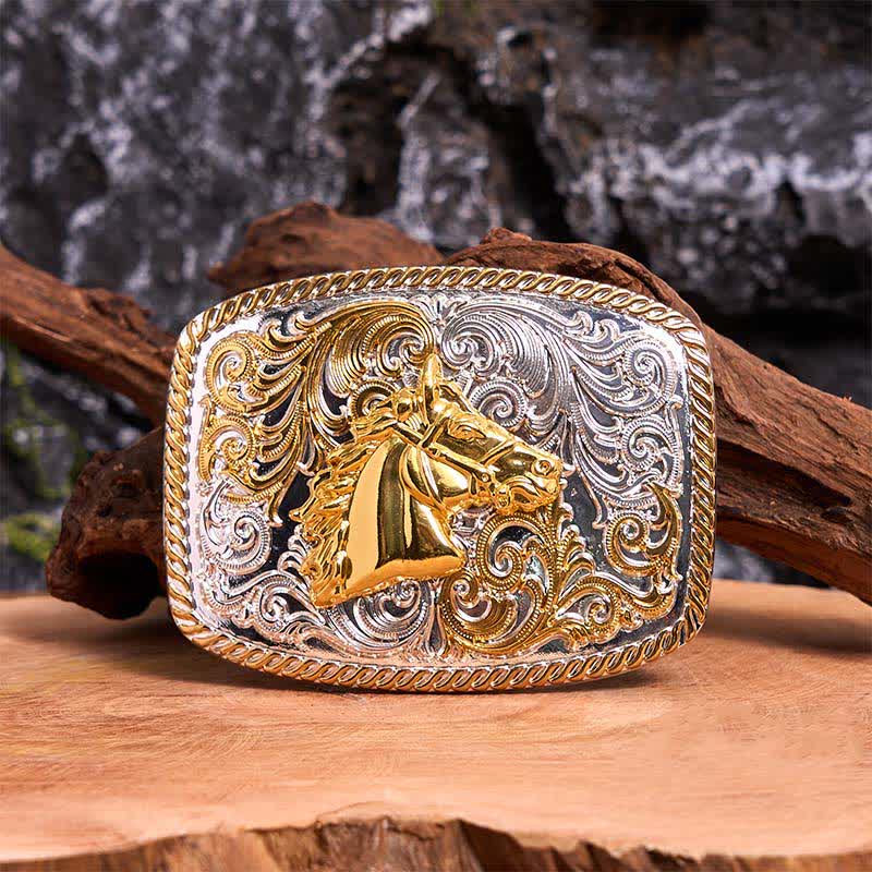 Gold & Silver Horse Head DIY Large Buckle Leather Belt