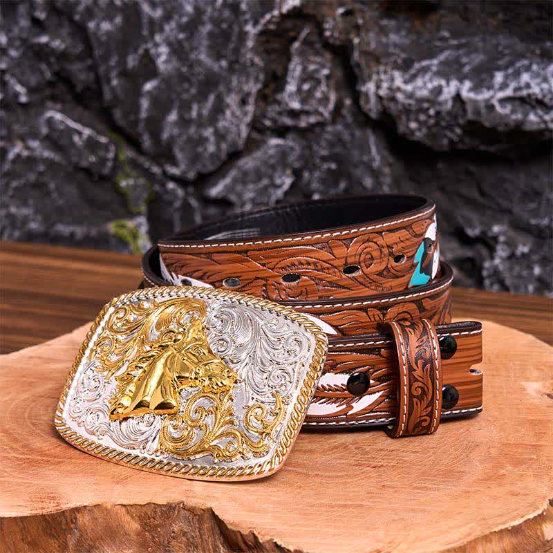 Gold & Silver Horse Head DIY Large Buckle Leather Belt