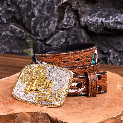 Gold & Silver Horse Head DIY Large Buckle Leather Belt