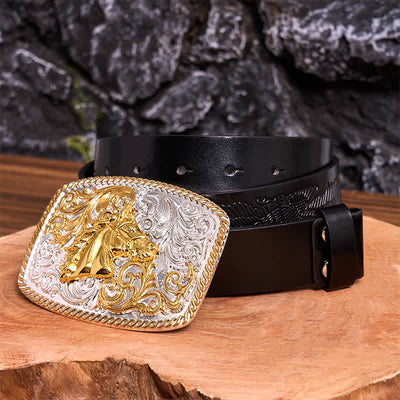 Gold & Silver Horse Head DIY Large Buckle Leather Belt