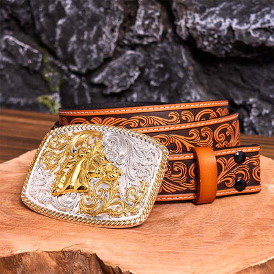 Gold & Silver Horse Head DIY Large Buckle Leather Belt