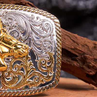 Gold & Silver Horse Head DIY Large Buckle Leather Belt
