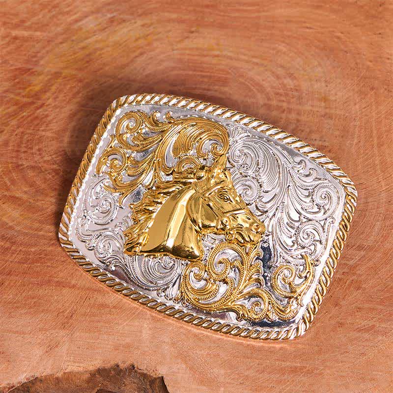 Gold & Silver Horse Head DIY Large Buckle Leather Belt