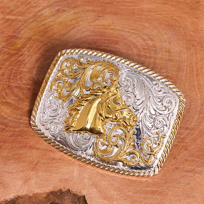 Gold & Silver Horse Head DIY Large Buckle Leather Belt