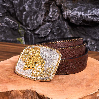 Gold & Silver Horse Head DIY Large Buckle Leather Belt