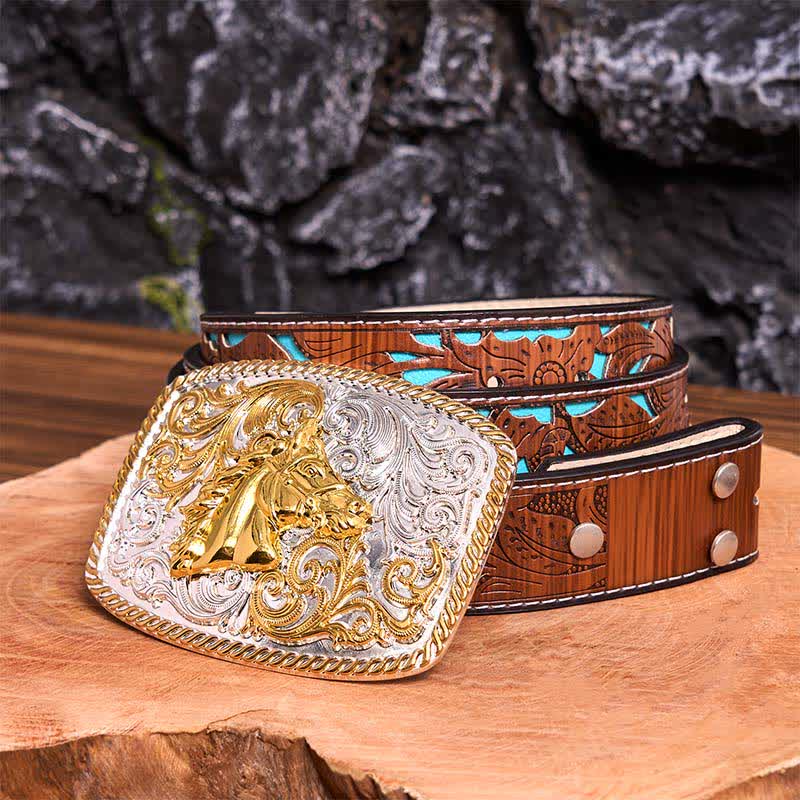 Gold & Silver Horse Head DIY Large Buckle Leather Belt
