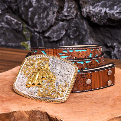 Gold & Silver Horse Head DIY Large Buckle Leather Belt