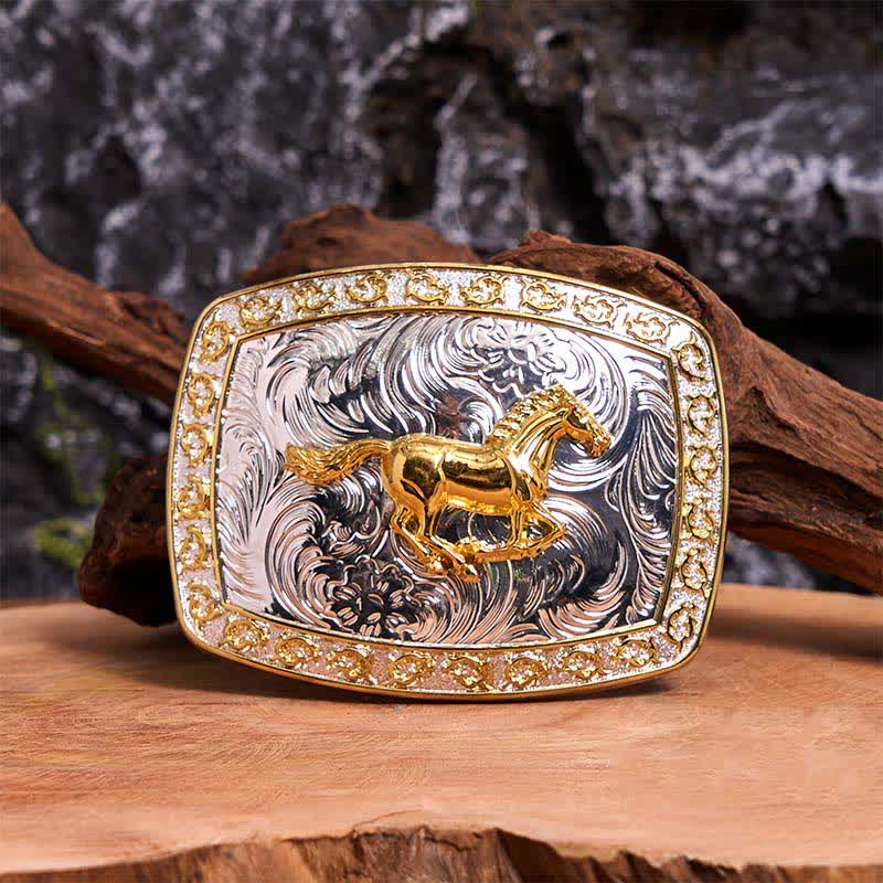 Gold & Silver Running Horse DIY Large Buckle Leather Belt