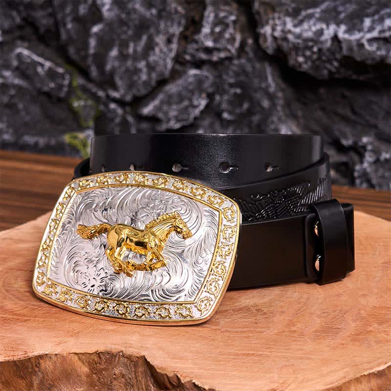 Gold & Silver Running Horse DIY Large Buckle Leather Belt