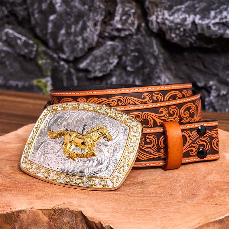 Gold & Silver Running Horse DIY Large Buckle Leather Belt