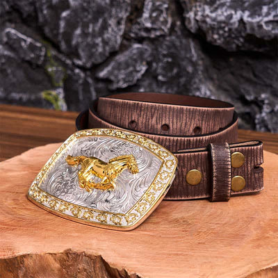 Gold & Silver Running Horse DIY Large Buckle Leather Belt