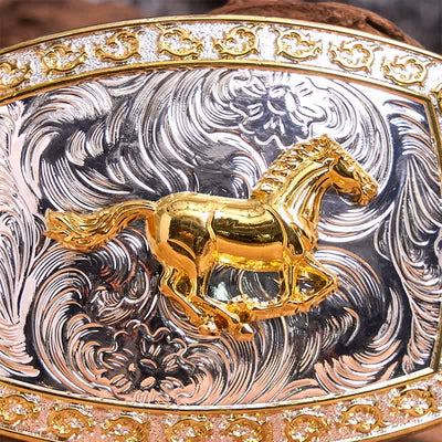 Gold & Silver Running Horse DIY Large Buckle Leather Belt