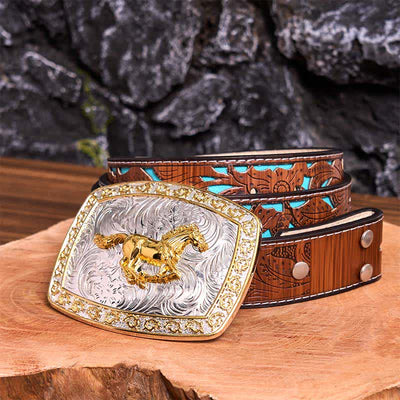 Gold & Silver Running Horse DIY Large Buckle Leather Belt
