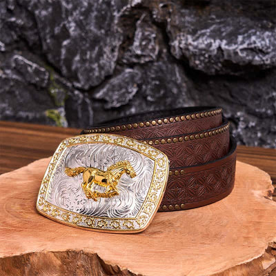 Gold & Silver Running Horse DIY Large Buckle Leather Belt