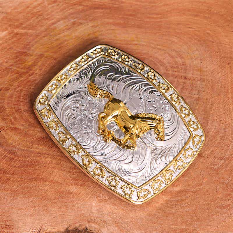 Gold & Silver Running Horse DIY Large Buckle Leather Belt