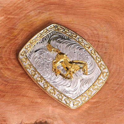 Gold & Silver Running Horse DIY Large Buckle Leather Belt