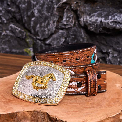 Gold & Silver Running Horse DIY Large Buckle Leather Belt