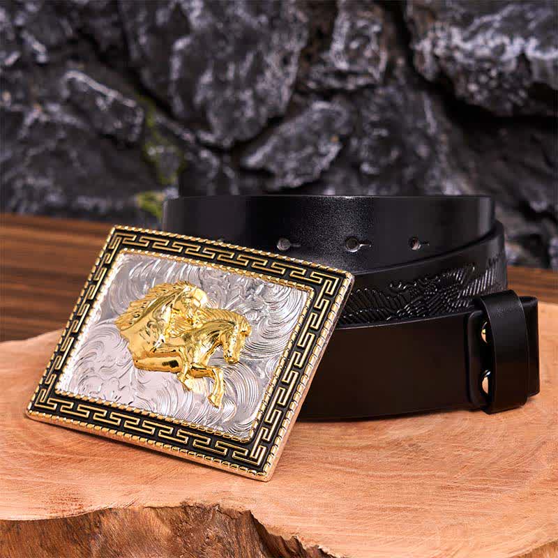 Golden & Black Rectangular Double Horses DIY Large Buckle Leather Belt