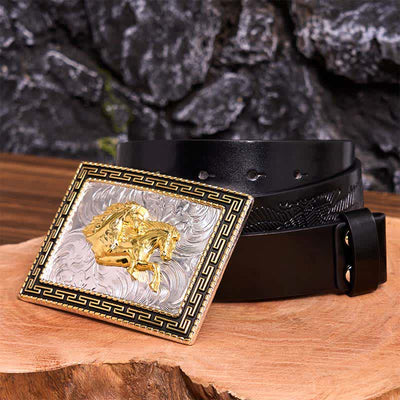 Golden & Black Rectangular Double Horses DIY Large Buckle Leather Belt