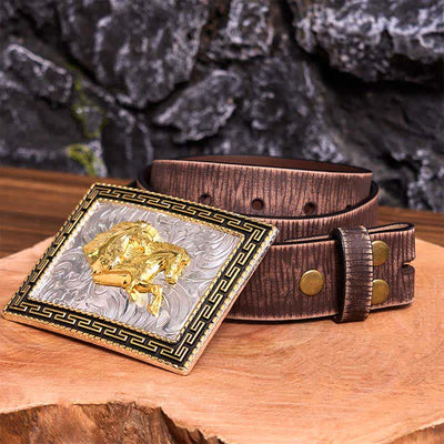 Golden & Black Rectangular Double Horses DIY Large Buckle Leather Belt