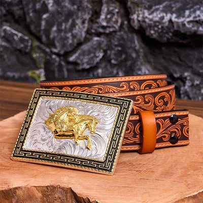 Golden & Black Rectangular Double Horses DIY Large Buckle Leather Belt