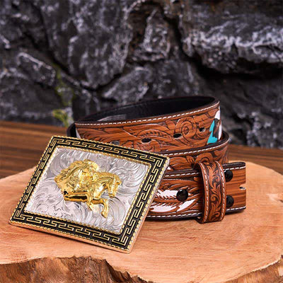 Golden & Black Rectangular Double Horses DIY Large Buckle Leather Belt