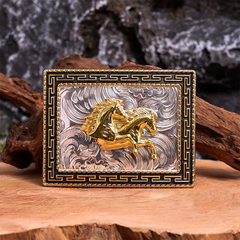 Golden & Black Rectangular Double Horses DIY Large Buckle Leather Belt